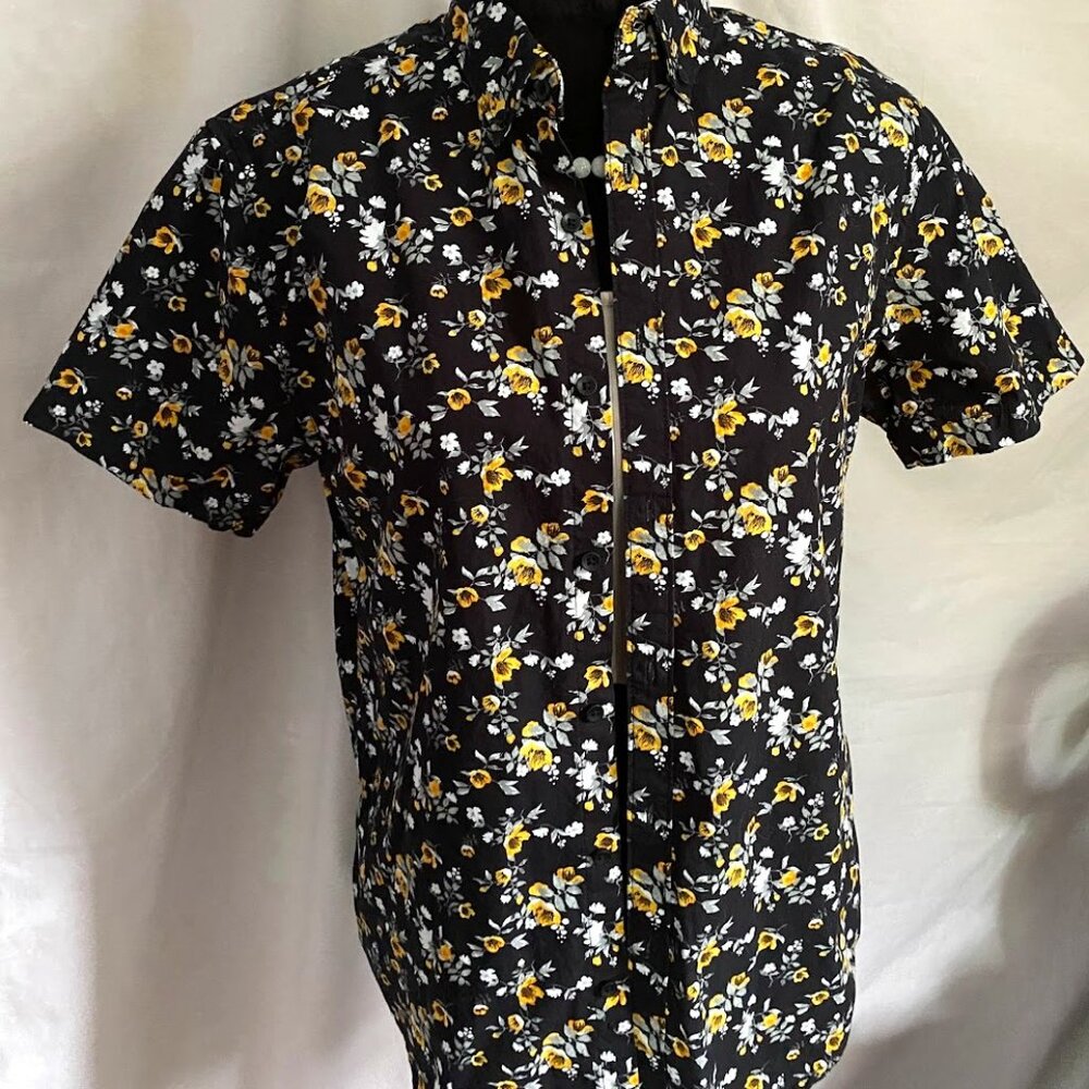 Denim & Flower Black and Yellow Floral Button Up Shirt 100% Cotton Short Sleeve - Picture 2 of 13